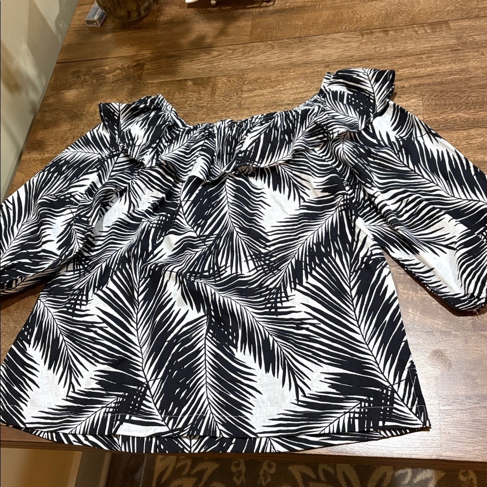 Anthropologie Remi James Linen Blend Tropical Palm Print Top Large